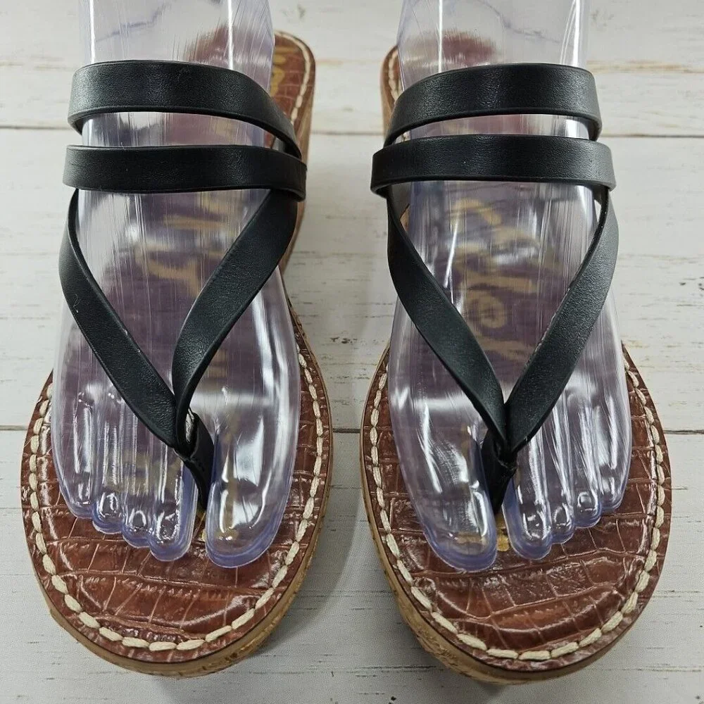 Sam‎ Edelman Sandals Womens 11 Black Rasha Comfort Strappy Cork Wedge Slip On